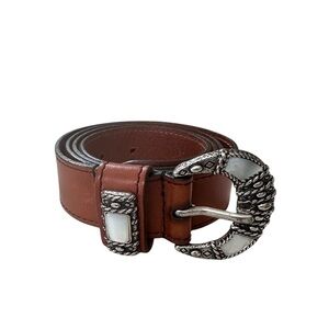 ETRO Brown Cintura Donna Silver Mother of Pearl Leather Belt 36 Made In Italy